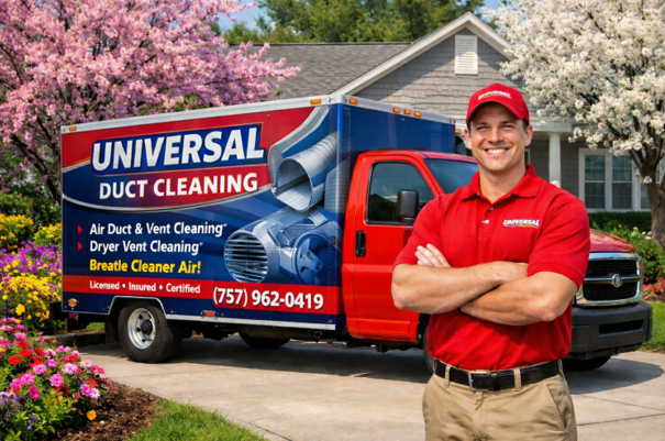 Universal Duct Cleaning Service truck in front of home.