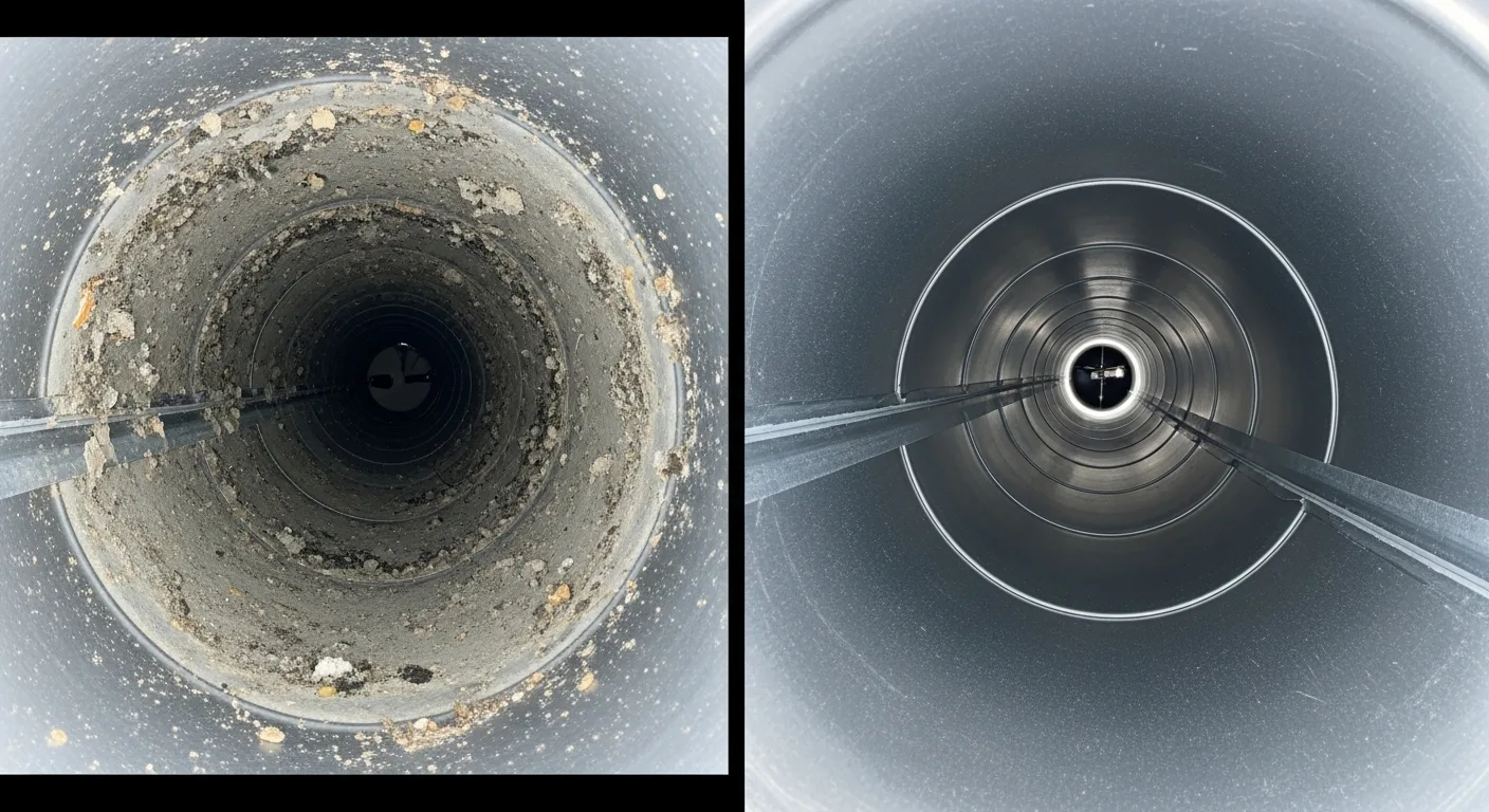 Before and after inspection photos of a Hampton Roads air duct, dusty and mold-spotted on the left and clean bare metal after professional cleaning on the right