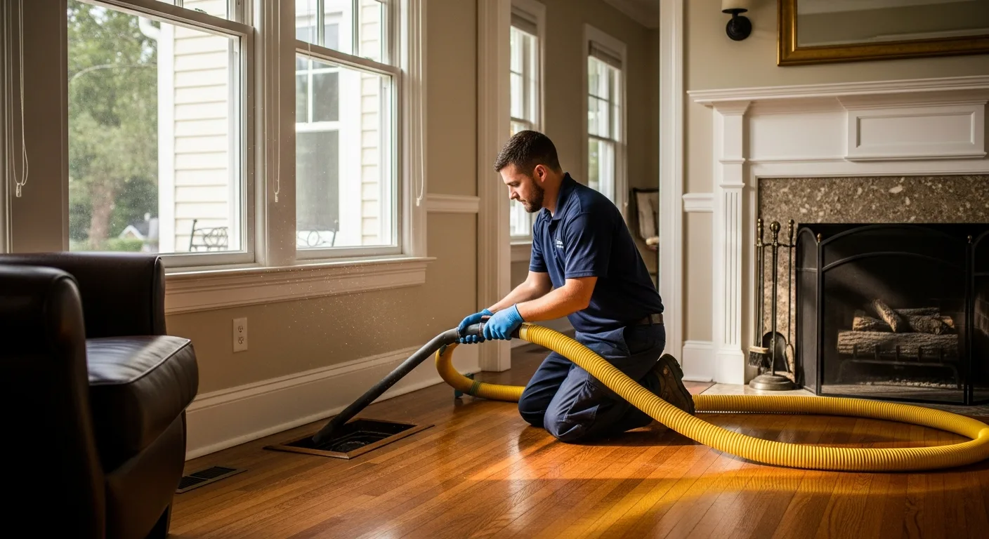 Duct cleaning technician vacuuming a floor vent inside a historic Hilton Village home in Newport News