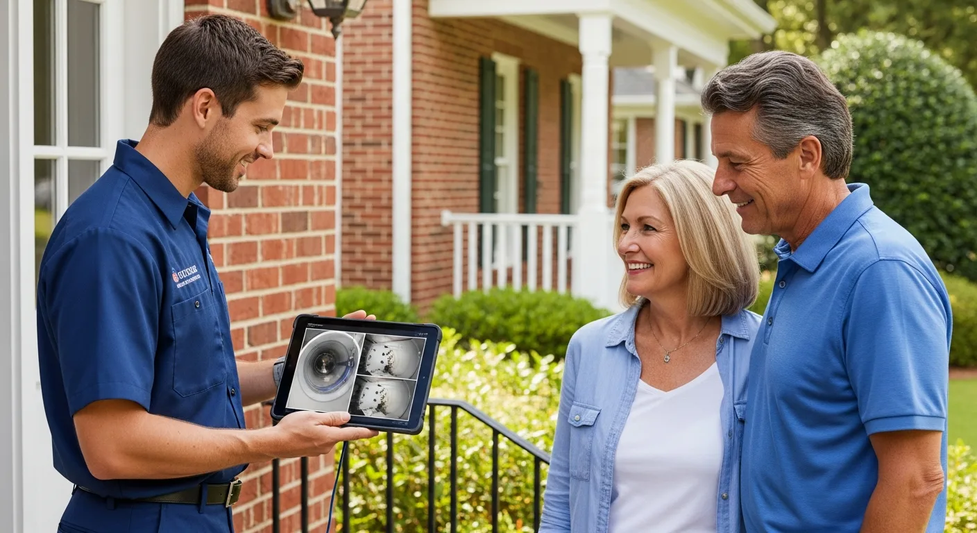 Universal technician showing before-and-after duct inspection photos on a tablet to a Virginia Beach couple at their front door