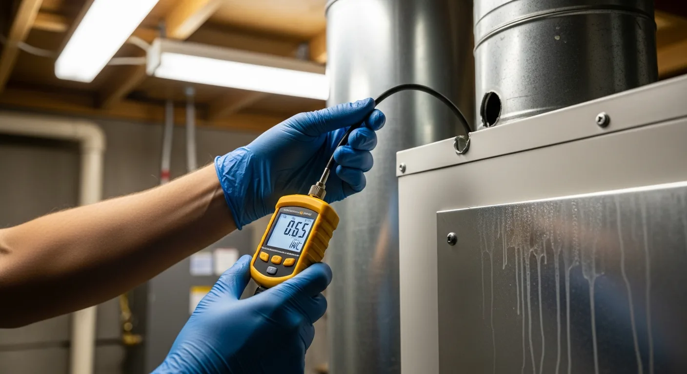 Technician measuring static pressure at a Peninsula home’s air handler with a digital manometer