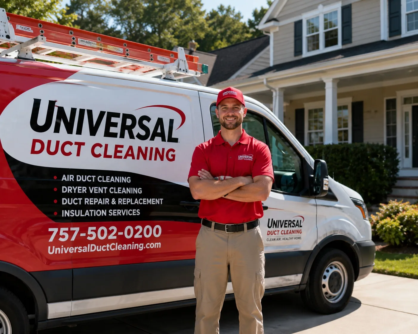 Universal Duct Cleaning technician standing in front of a lettered company van before a free photo air duct inspection in Virginia Beach and Hampton Roads, VA